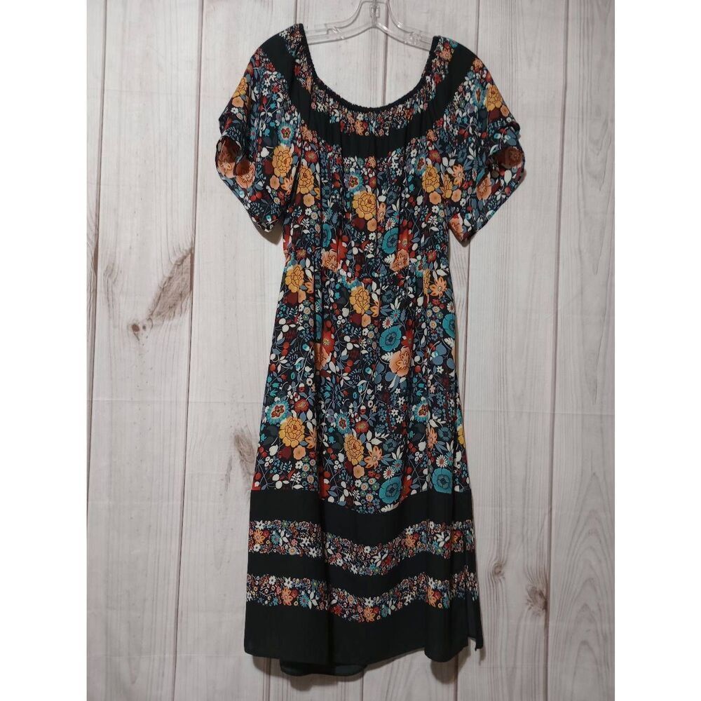 LOFT Womens Floral Smocked Waist Midi Dress Black Multi Short Sleeve‎ Size M